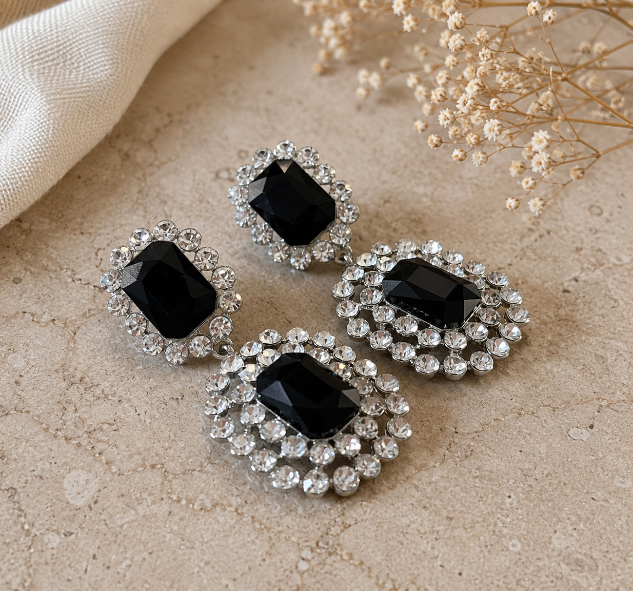 Vintage Black Crystal Rhinestone Drop Earrings Statement Bridal Jewelry Gift