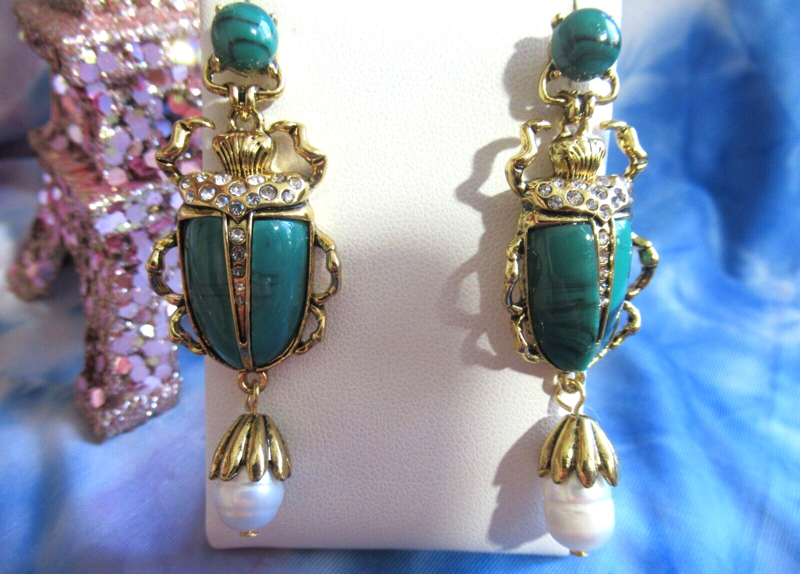 Green beetle Bug Earrings Crystal Pearl Earrings Scarab bug Beetle Earrings NEW