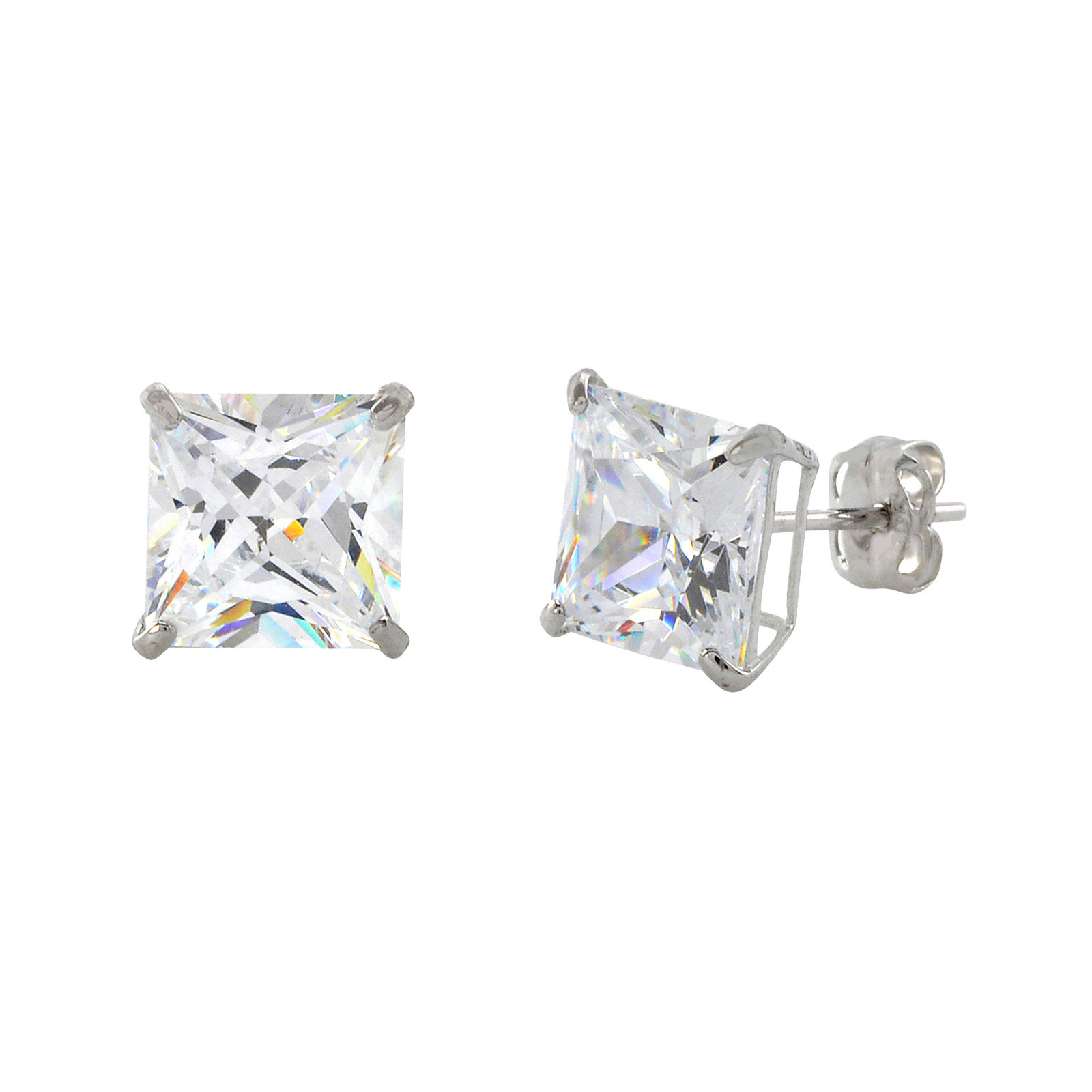 10k White Gold Square Stud Earrings Clear CZ Cubic Zirconia Princess Cut Basket