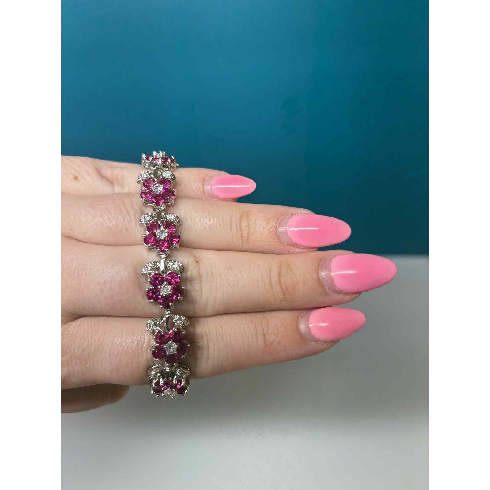 Silver Tone Pink Rhinestone Floral Link Bracelet Fold Over Clasp 6.5 Inch