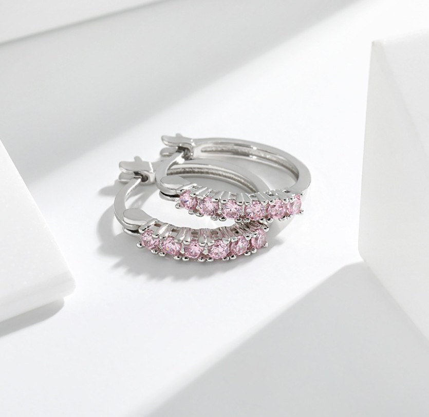 Women 925 Silver Solitaire Pink Cubic Zirconia Huggie Hoop Earrings 17mm Box S11