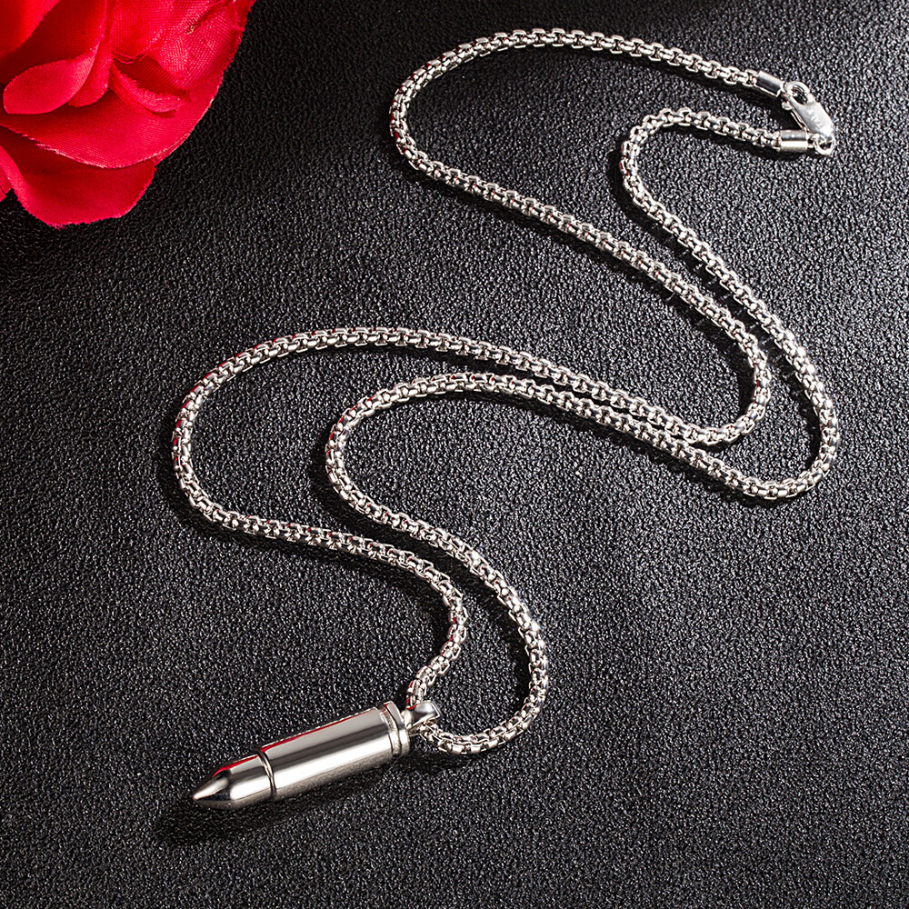 925 Sterling Silver 3mm Round Box Chain Bullet Pendant Necklace for Men Women