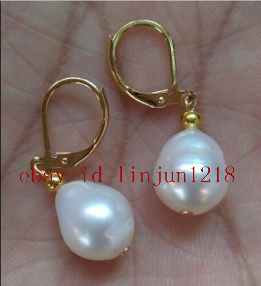 Genuine 10-12mm White Baroque Pearl Dangle Earrings AAA
