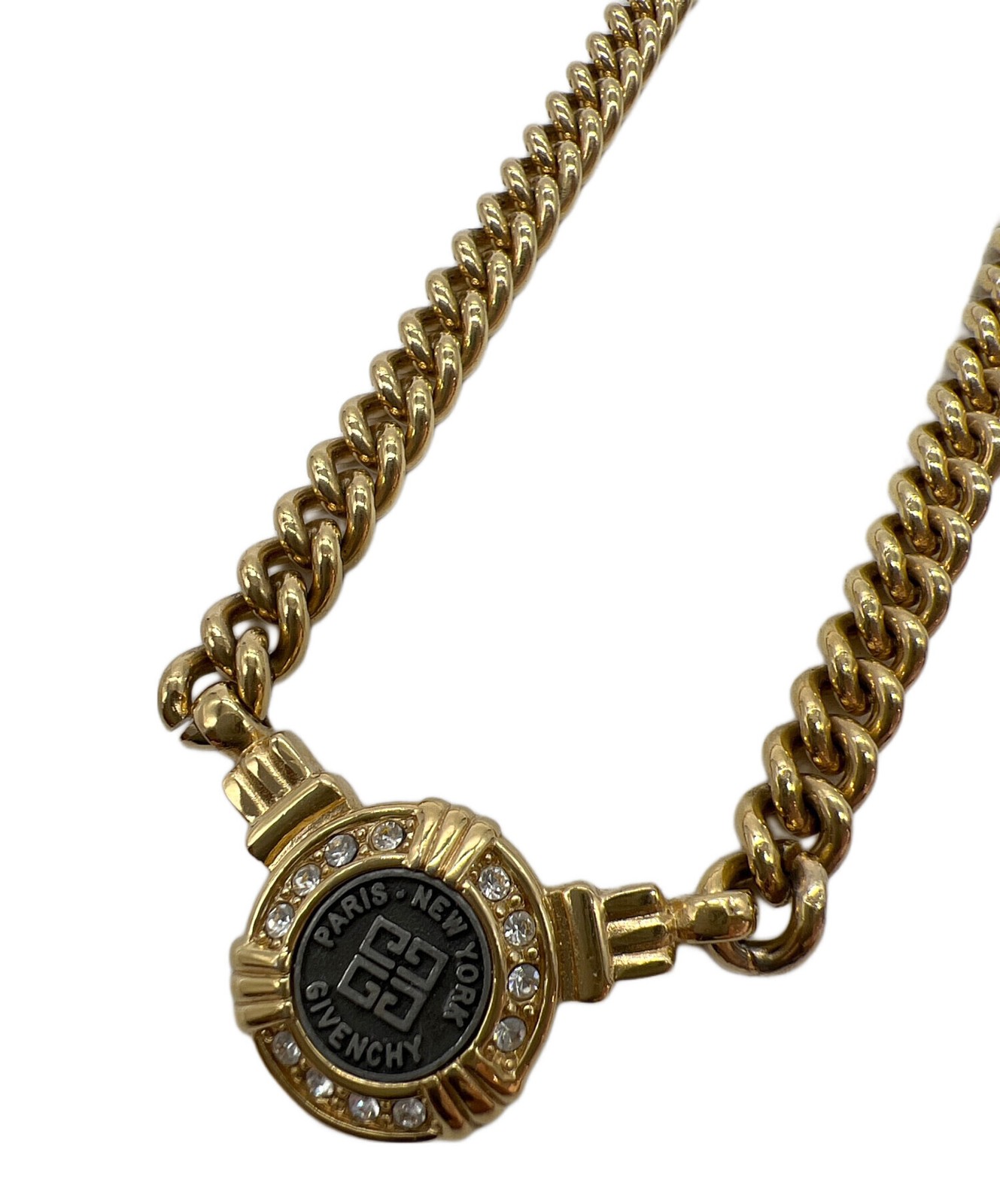 GIVENCHY Gold Round Medallion Pendant Necklace Curb Link 40cm Signed Authentic