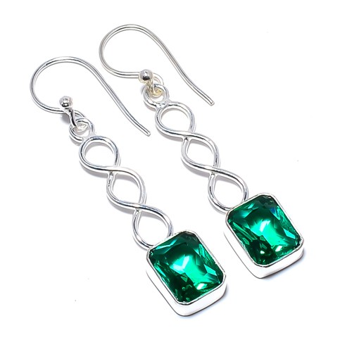 Teal Tourmaline Gemstone Handmade Silver Plated Spiral Earring 1.79″ A319