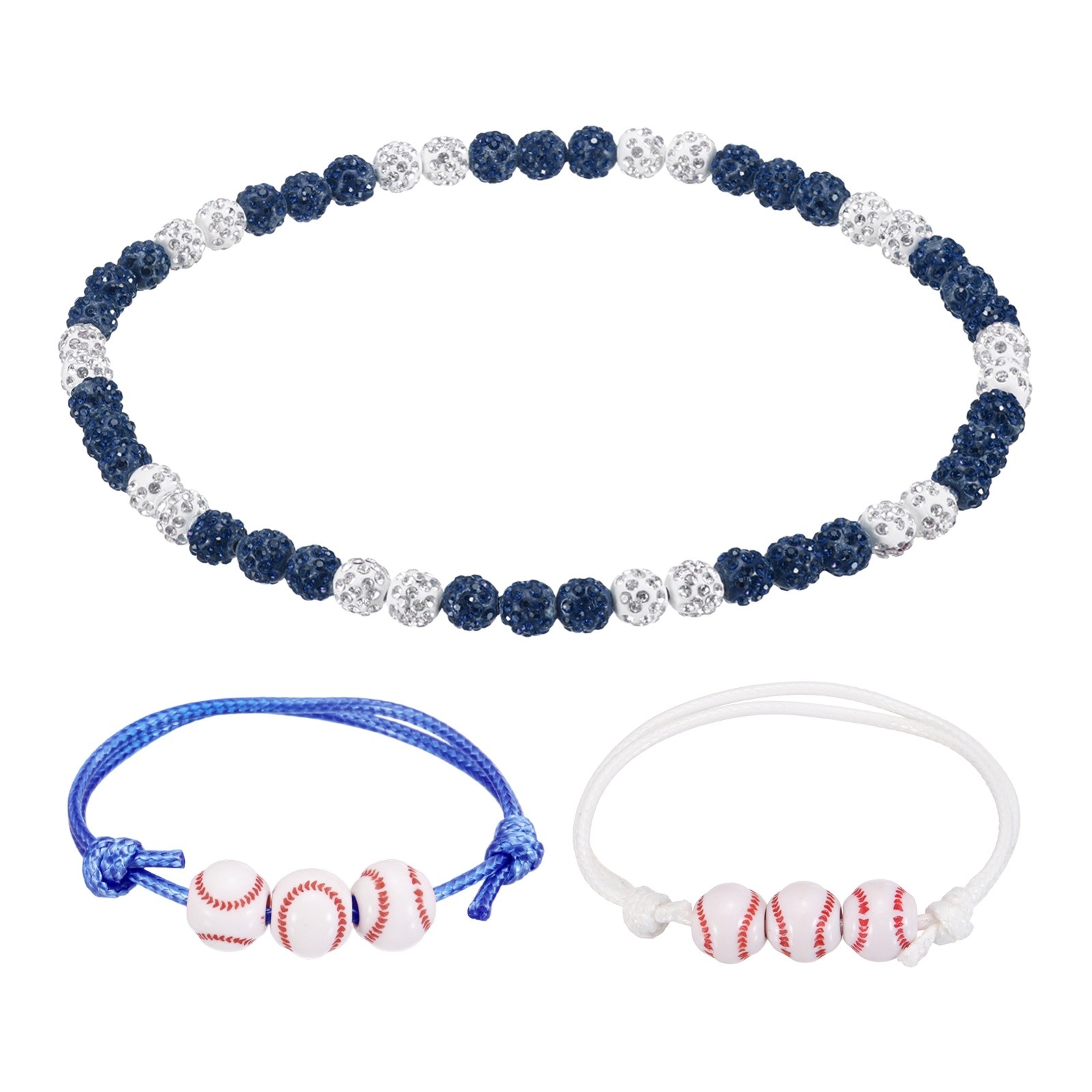 3Pcs, Baseball Necklace 18″ Bling Beaded Chain Bracelet Dark Blue