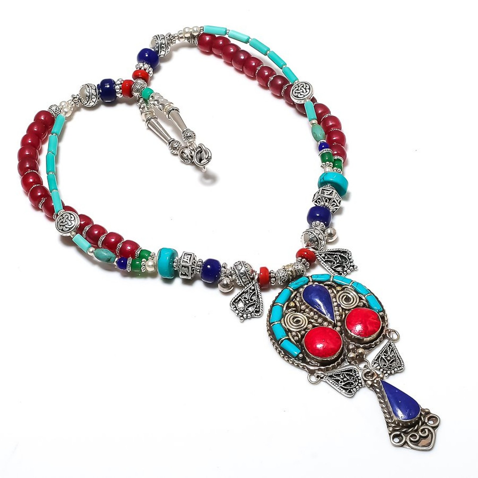 Coral Lapis lazuli Turquoise Necklace Tibetan Handmade Nepali Jewelry 18″ NA 820