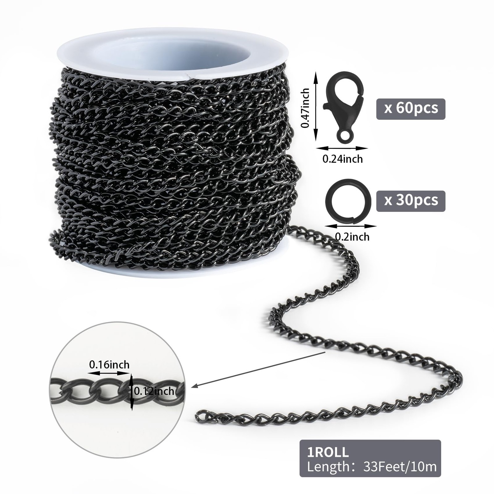 33 Feet Metal Black Necklace Chains Curb Links Chains Bulk for Jewelry Making DI