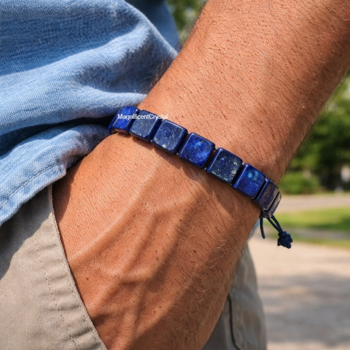 Natural Lapis Lazuli Square Bead Men Bracelet Blue Crystal Energy Healing Gift