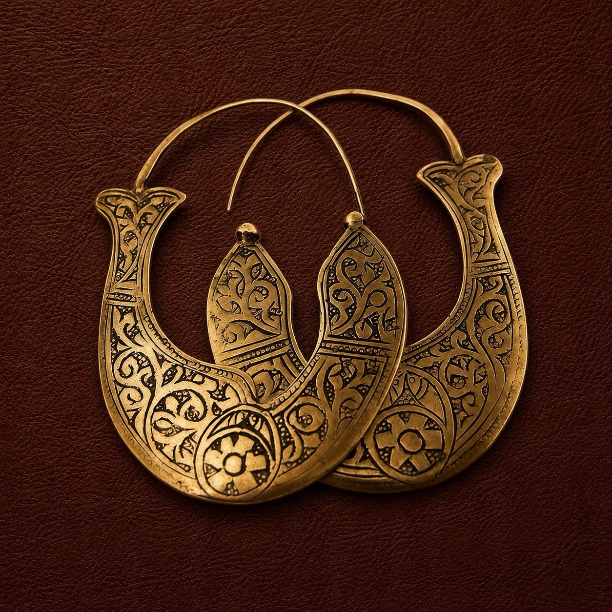Chico’s Hoop Fish Earrings Gold Tribal Byzantine Etched Moroccan Crescent Boho