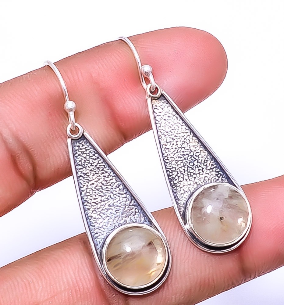 Golden Rutilated Quartz 925 Sterling Silver Earring 1.76″ E56, Christmas Gift