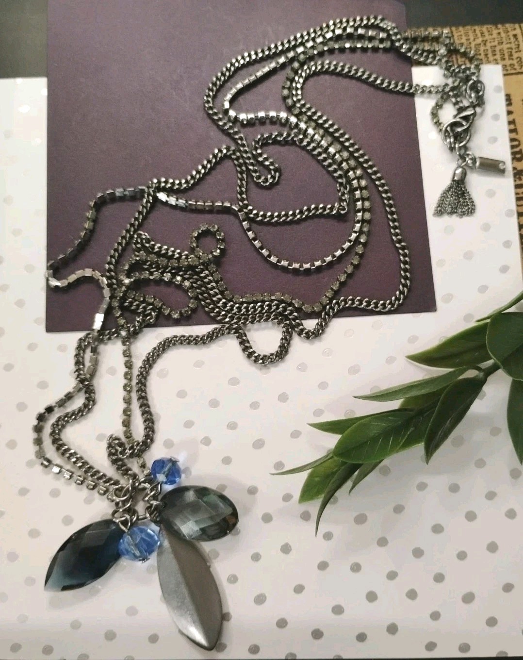 Simply VERA WANG 30″ Multi Chain Necklace w/ Blue Glass, Acrylic, Metal Pendant!