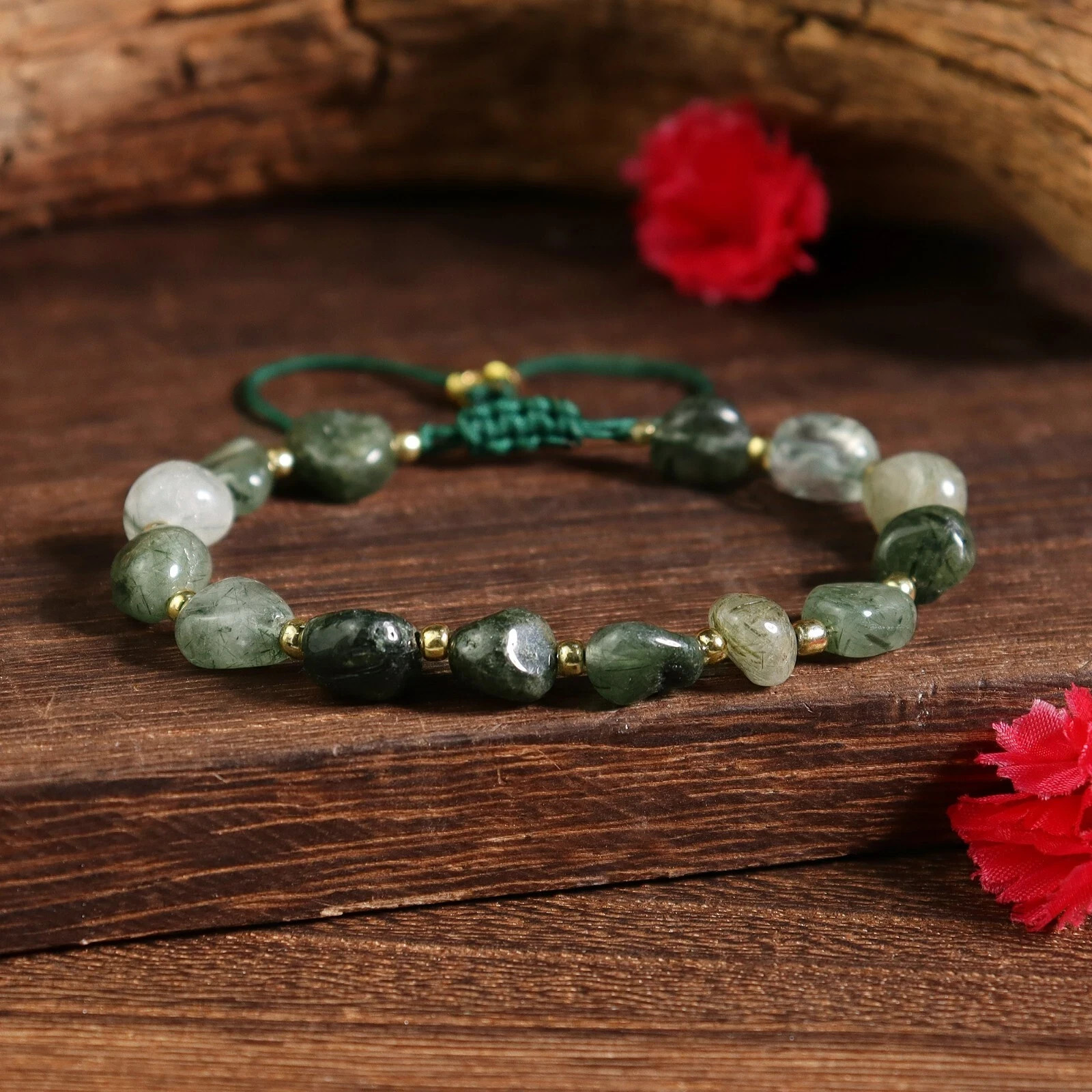 Moss Agate Gemstone Beads Bracelet Minimalist Healing Chakra Reiki Jewelry Gift