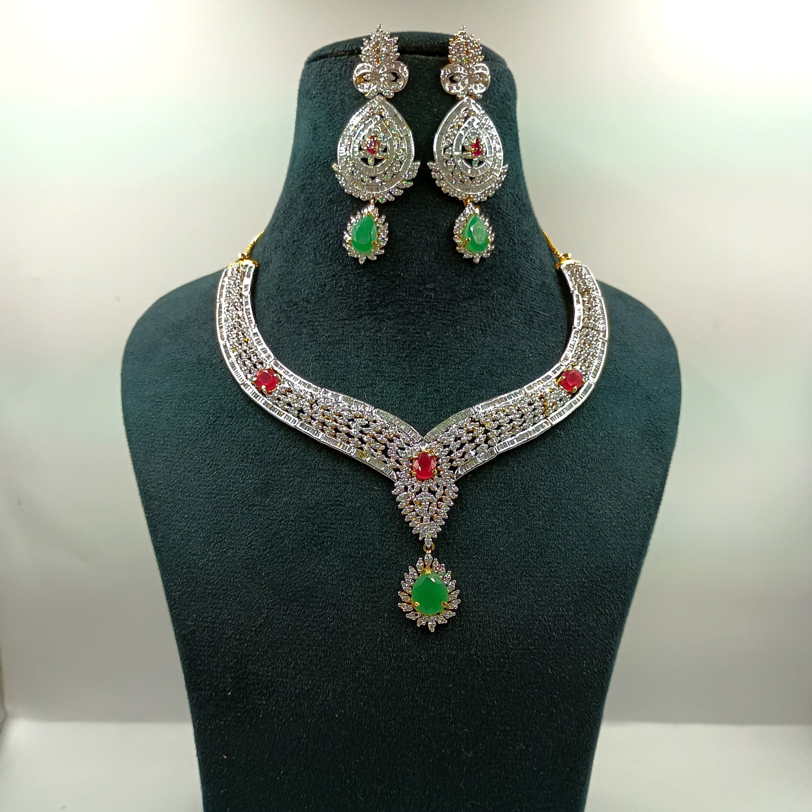 Traditional Emerald Ruby CZ Diamond Choker Necklace Set 22k Gold Plated