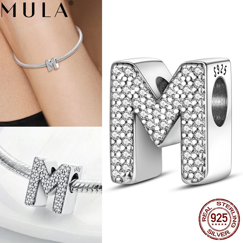 MULA Original Letter M Charm Clear AAA CZ Fit Women Bracelet 925 Sterling Silver