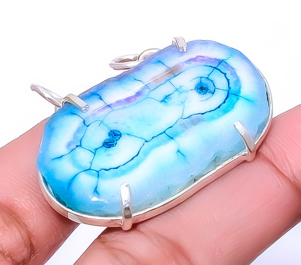 Marine Blue Solar Quartz Eye Gemstone 925 Sterling Silver Pendant 1.25″ A317