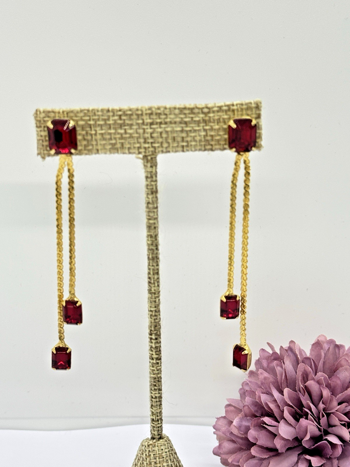 Red Rhinestone Dangle Earrings 3″ Gold Tone Formal or Casual Prom Party