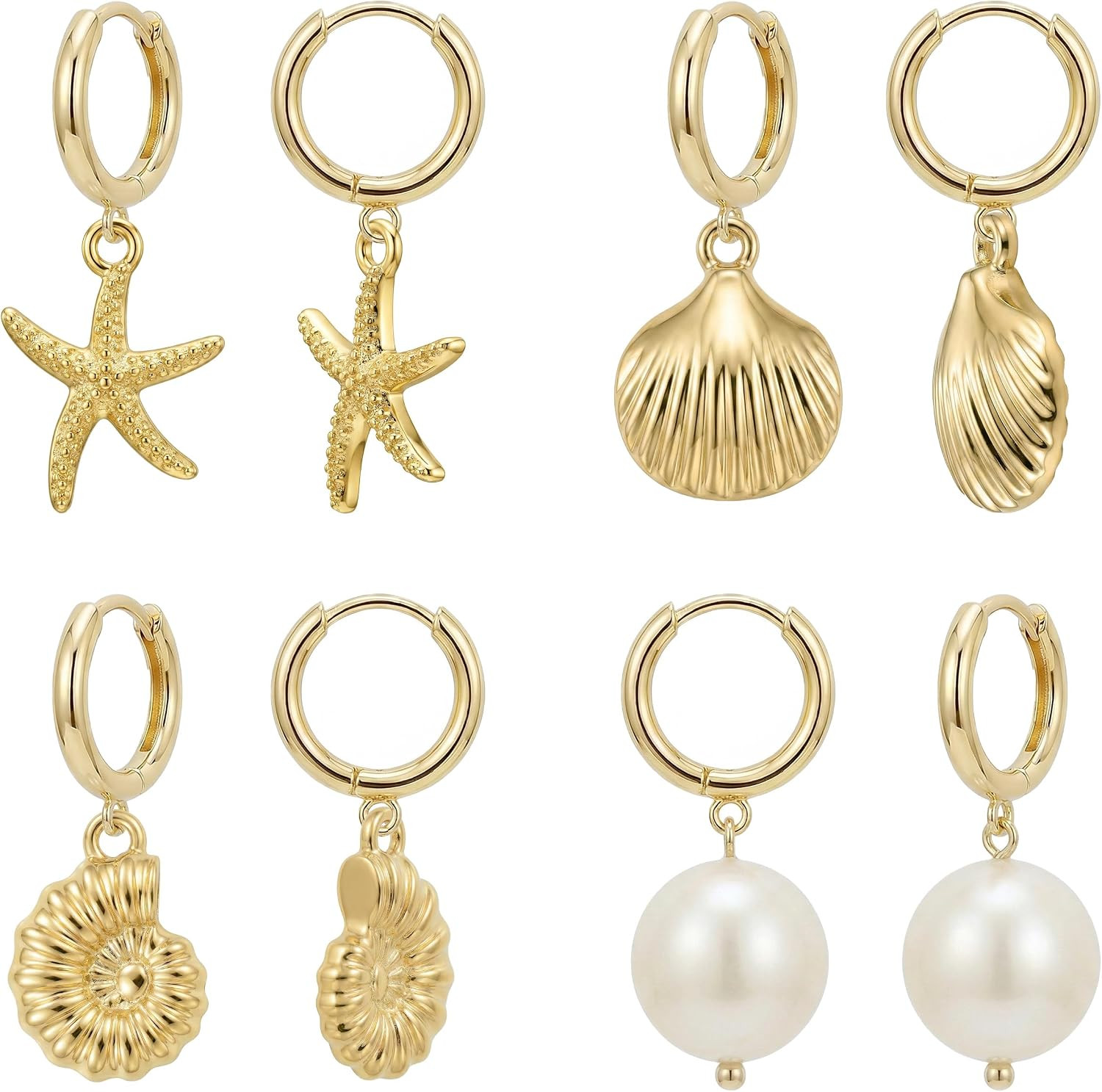 4 Pairs Huggie Hoop Beachy Earrings Set for Women, 14K Gold Plated Ocean Element