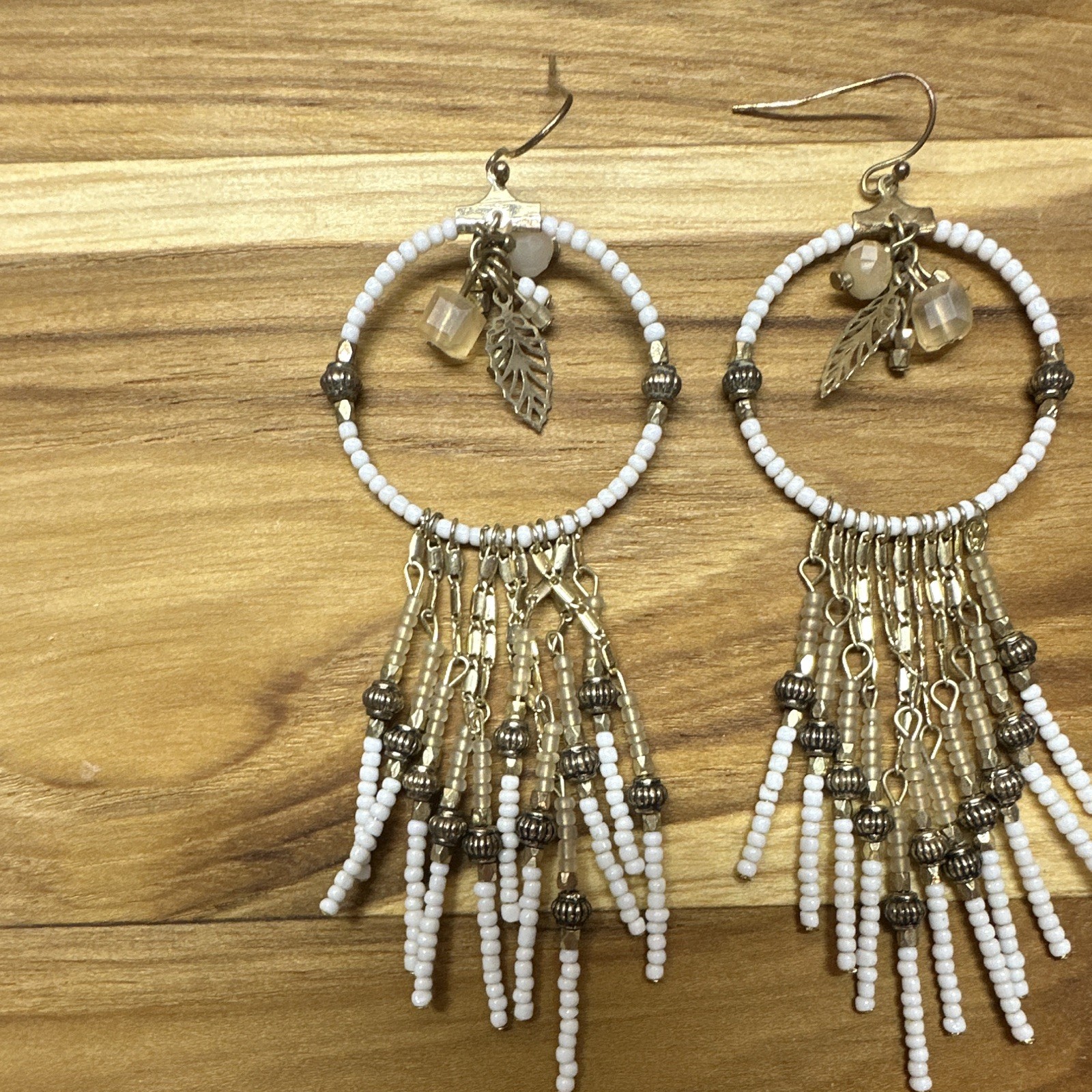 White Gold Beaded Hoop Dangle Earrings Leaf Charms Fringe Tassels Hook
