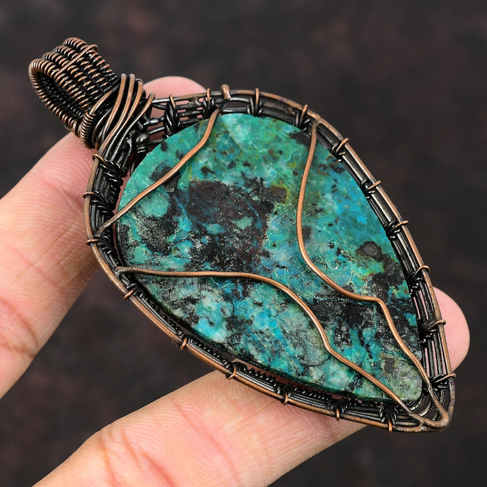 Chrysocolla Jewelry Copper Mom Gift Wire Wrapped Honeycomb Pendant 3.43″