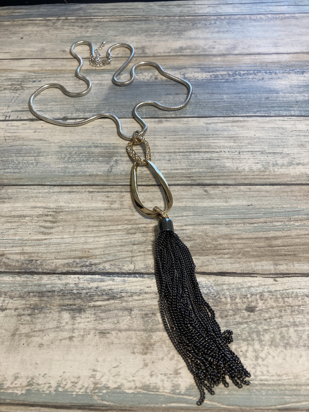 Fashion Costume Tassel Necklace Silver Gold Gunmetal Black 26″ Snake Chain NWOT