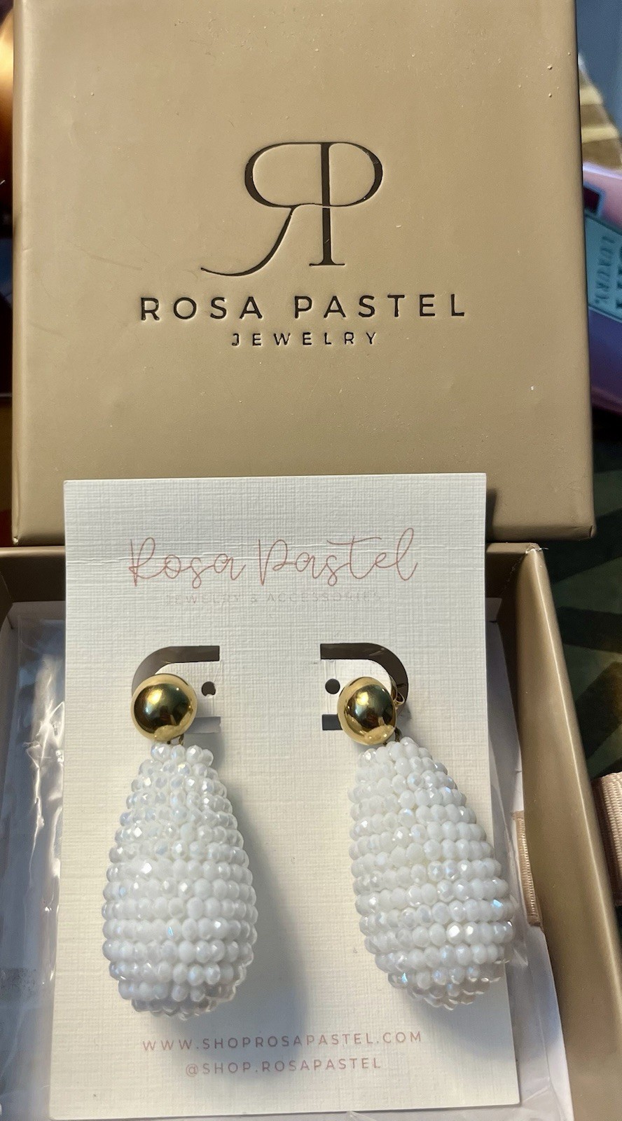 Rosa Pastel White Beaded Teardrop Dangle/Drop Earrings, Gold Tone