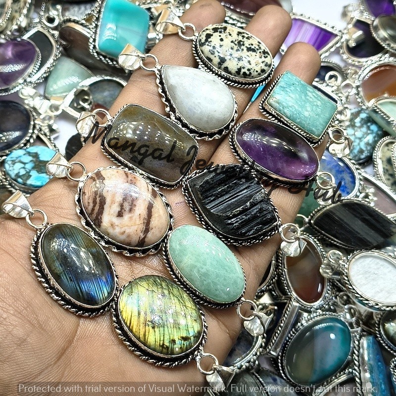 Ethnic Feldspar & Mix Gemstone Pendants 925 Sterling Silver Plated Jewellery Lot