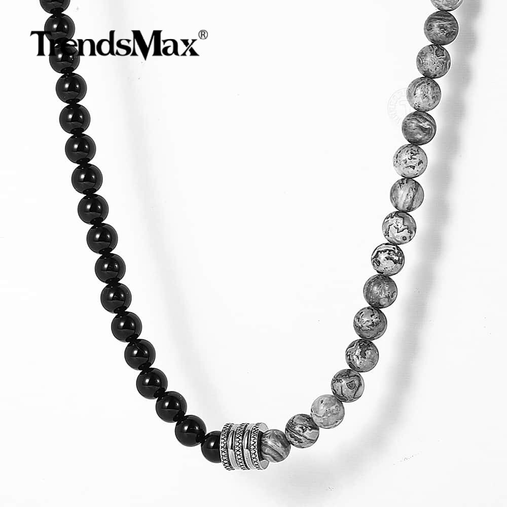 8mm 20″ Natural Grey Jasper Map Stone Black Glass Beaded Necklace Choker Gift