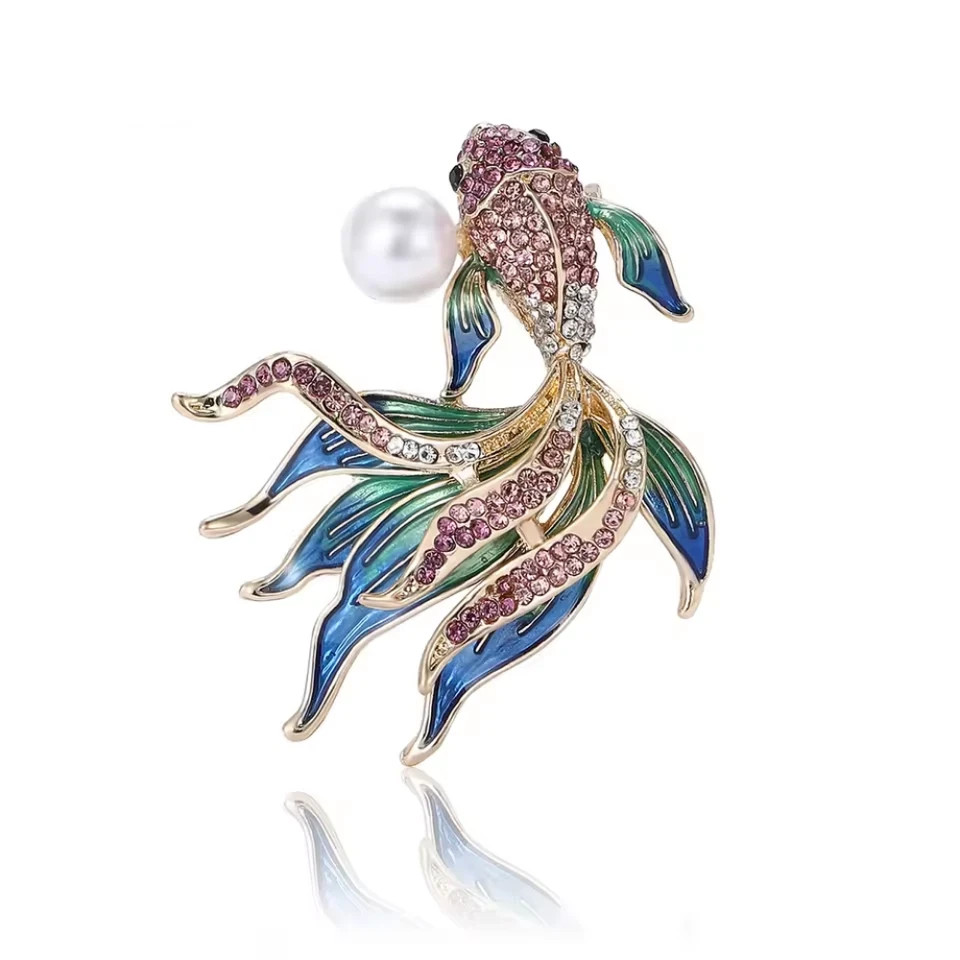 Sparkling Rhinestone Blue Fish Brooch Sea Animal Pin Spring Summer Jewelry Gift