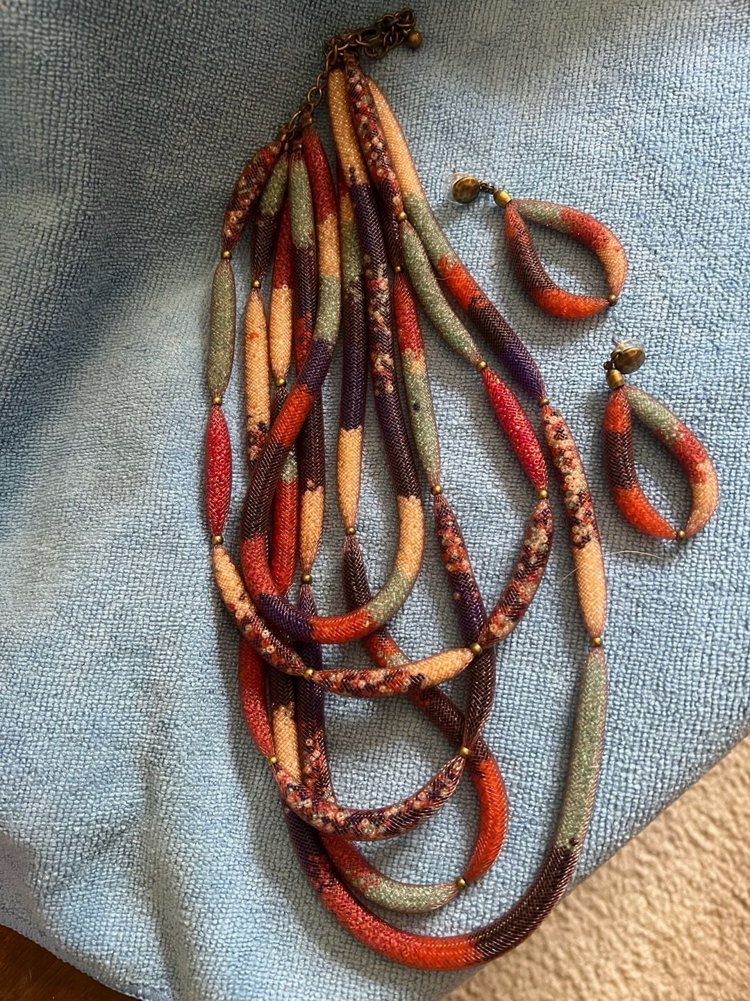 Chico’s Multi-Strand Mesh Tube Beaded Necklace and Teardrop Earring Set