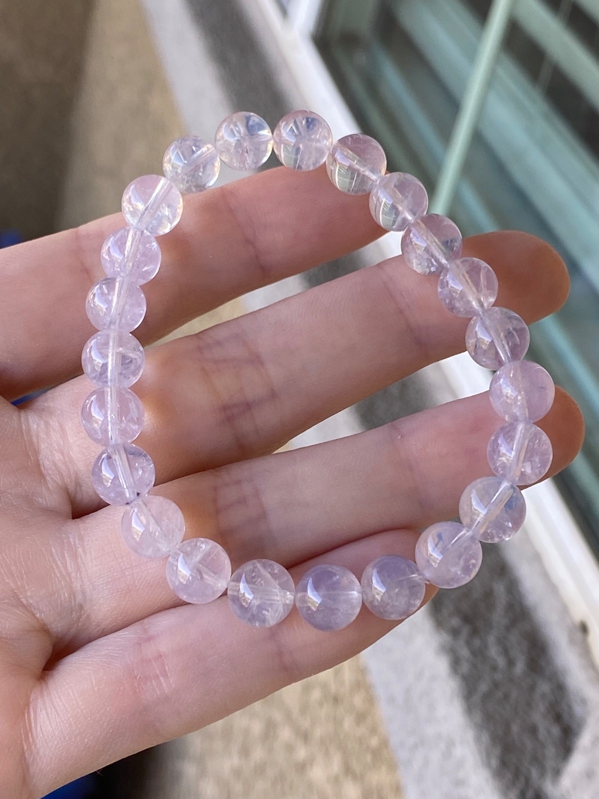 Natural Lavender Moon Quartz Beaded 8.7mm Crystal Bracelet 7 Inch Stretch Fit