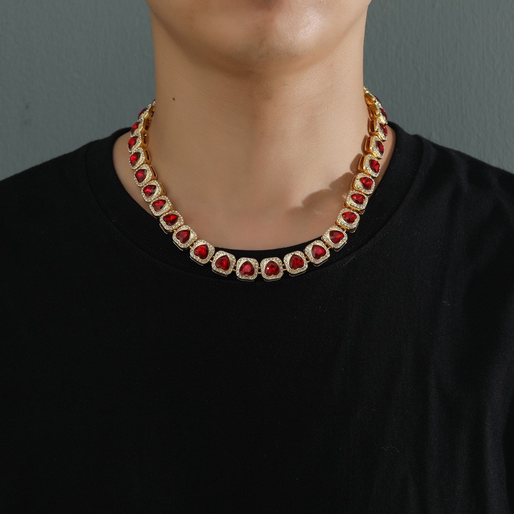 Red Heart Halo Tennis Chain Stainless Steel zirconia stone unisex Love Necklace