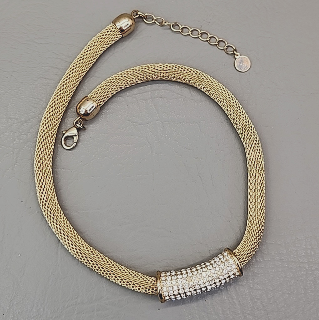 Mesh Necklace Clear Rhinestone Tube Light Gold Tone 18″