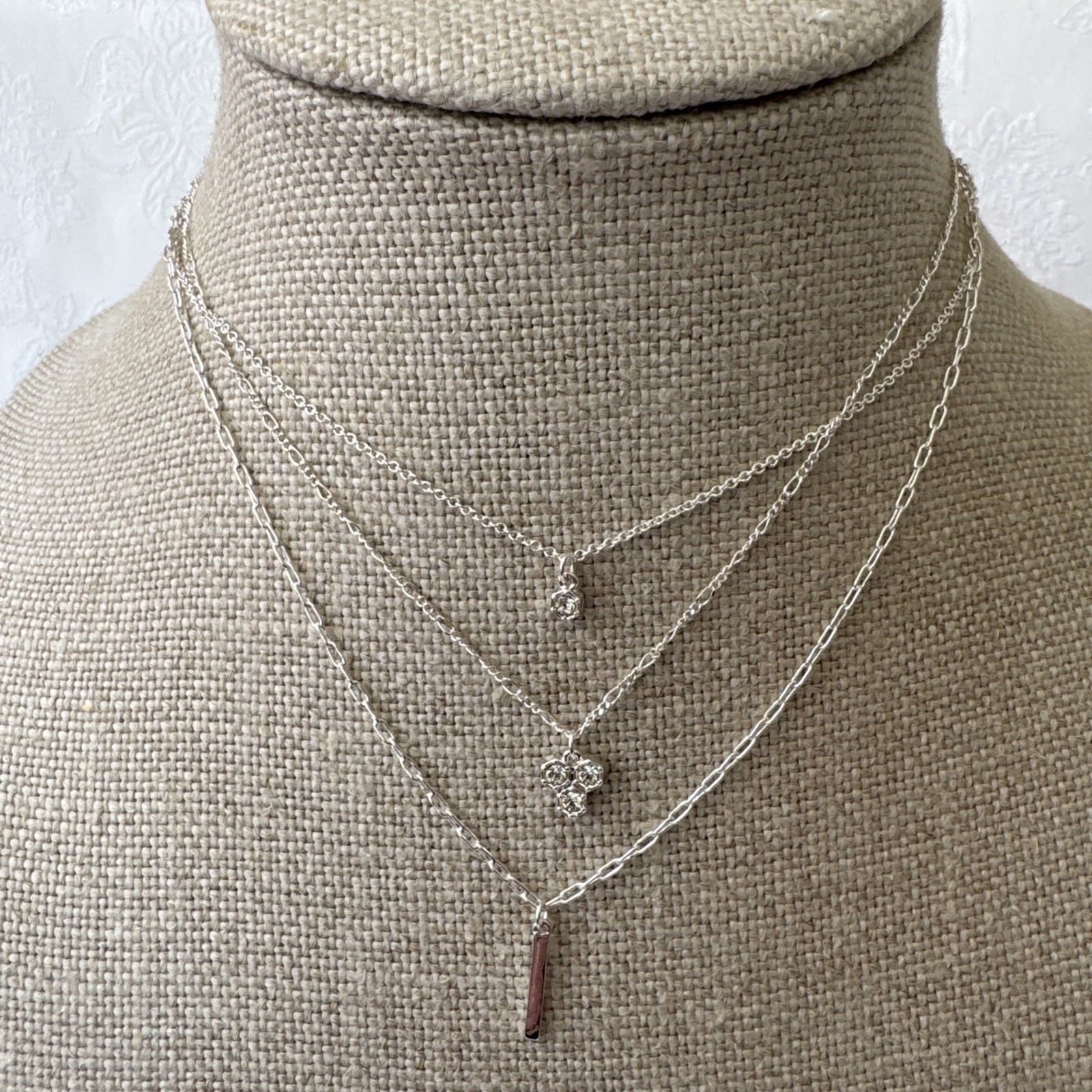 Bijoux Delicates Silvertone 3 Chain Bar Charm Layered Statement 16″ Necklace NEW