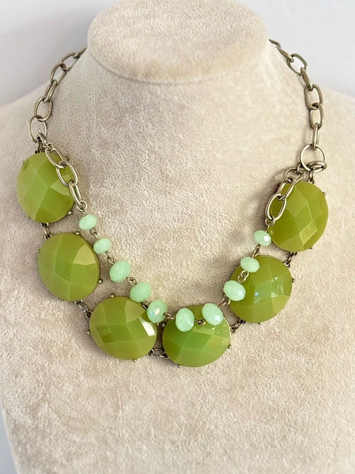 Premier Designs Green Statement Necklace Signed Silver Tone Beaded Necklace