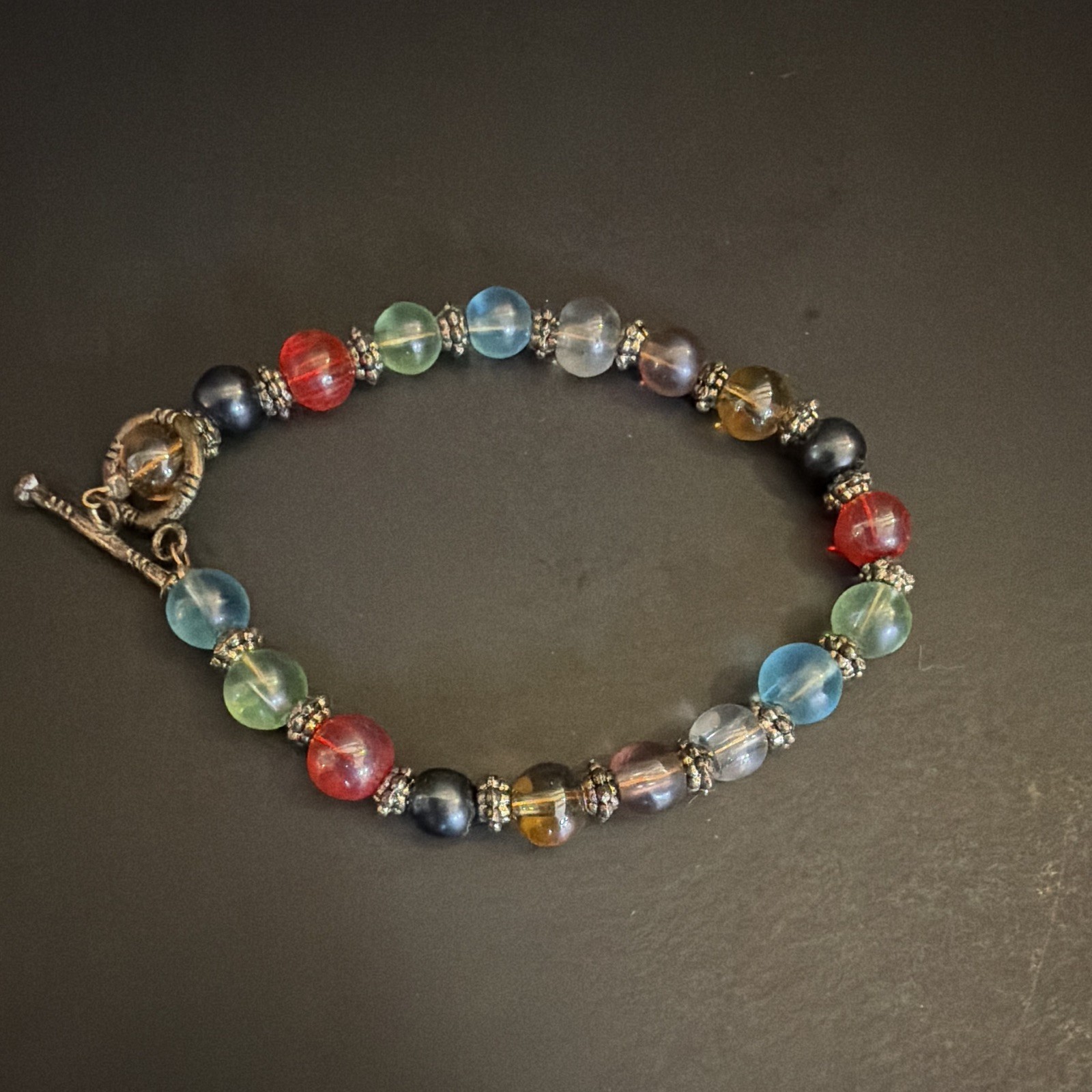 Multicolor Round Glass Beaded Bracelet Toggle Clasp, Less Than 8 in