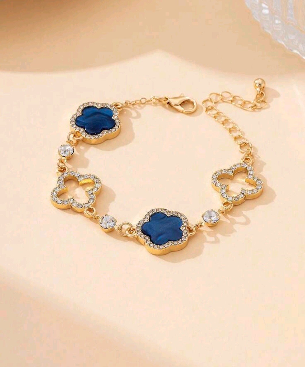 Gold-Tone Adjustable Cable Chain Blue Clover Crystal Charm Bracelet