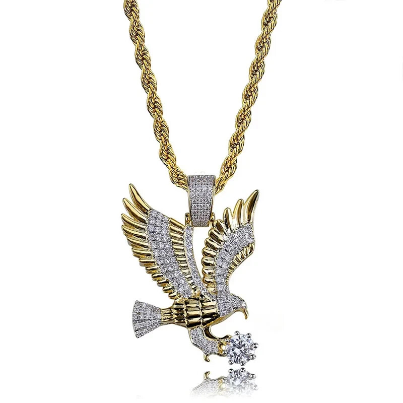 Iced Eagle Charm – Gold Tone Pendant w/ 24″ Chain – Men’s Hip Hop Jewelry