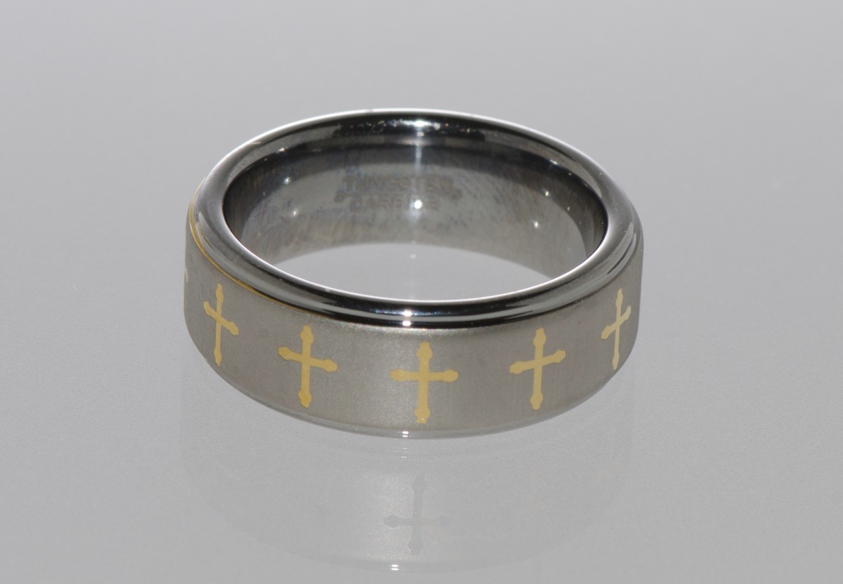 Tungsten Wedding Band Ring w Yellow Gold Plated Laser Engraved Cross