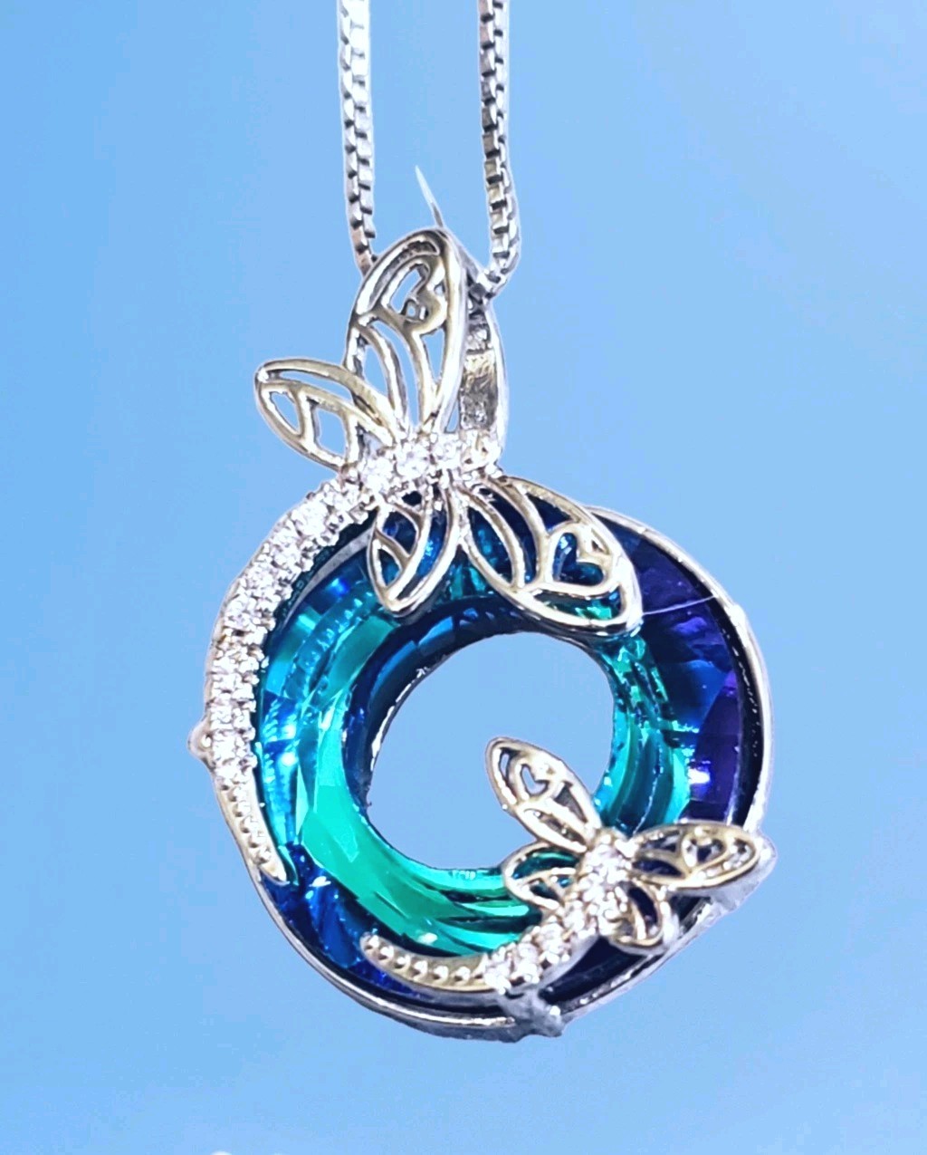 Silver Dragonfly Reflective Aqua Blue Purple Pendant Charm Necklace Gift