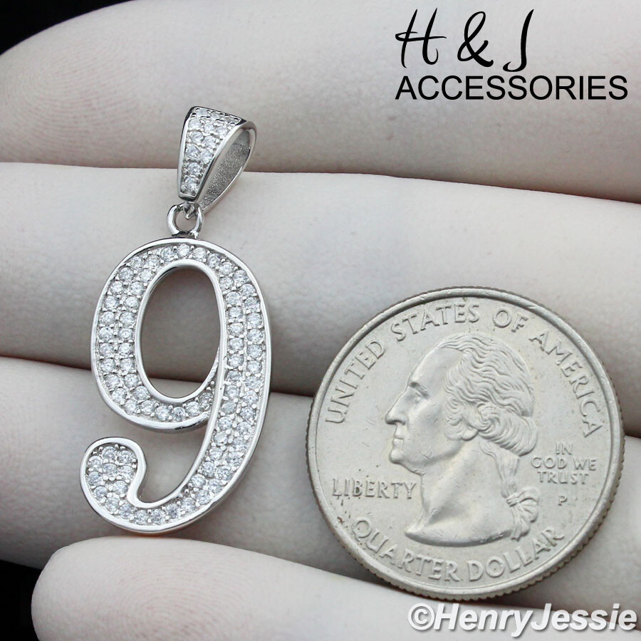 MEN WOMEN 925 STERLING SILVER ICY BLING CZ NUMBER “9” CHARM PENDANT*ASP179