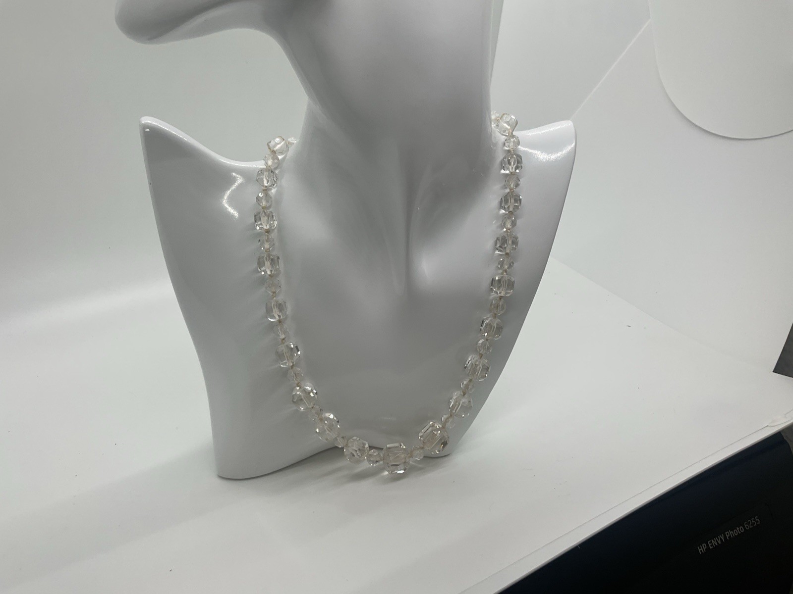 Clear Crystal Round Beaded Necklace Spring Ring Clasp White/Colorless