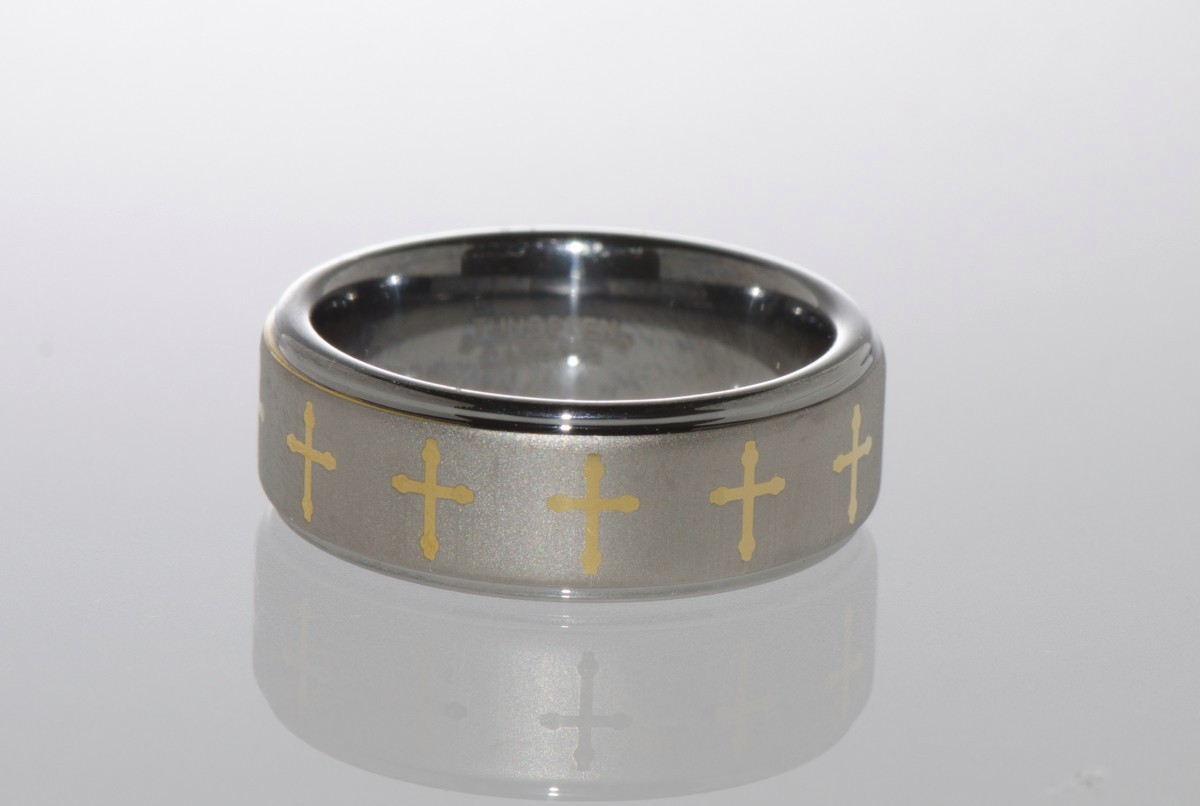 Tungsten Wedding Band Ring w Yellow Gold Plated Laser Engraved Cross