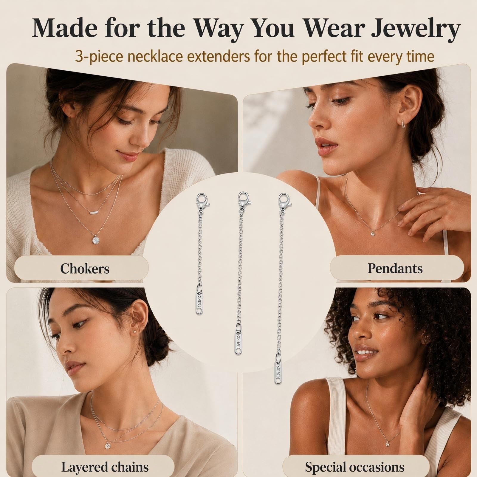 3PCS Silver Necklace Extenders for , Stainless Steel Necklace Extension Chain…