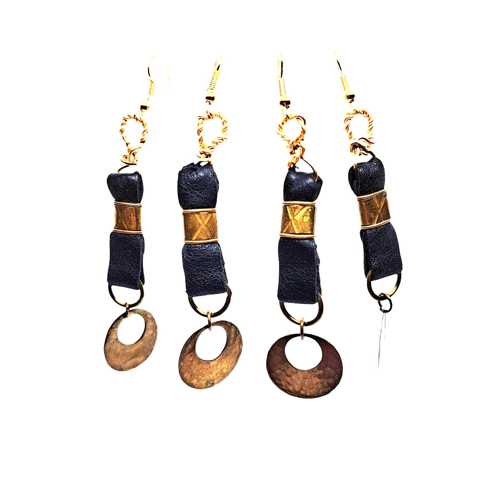 Recycled leather brass earrings gold tone wires