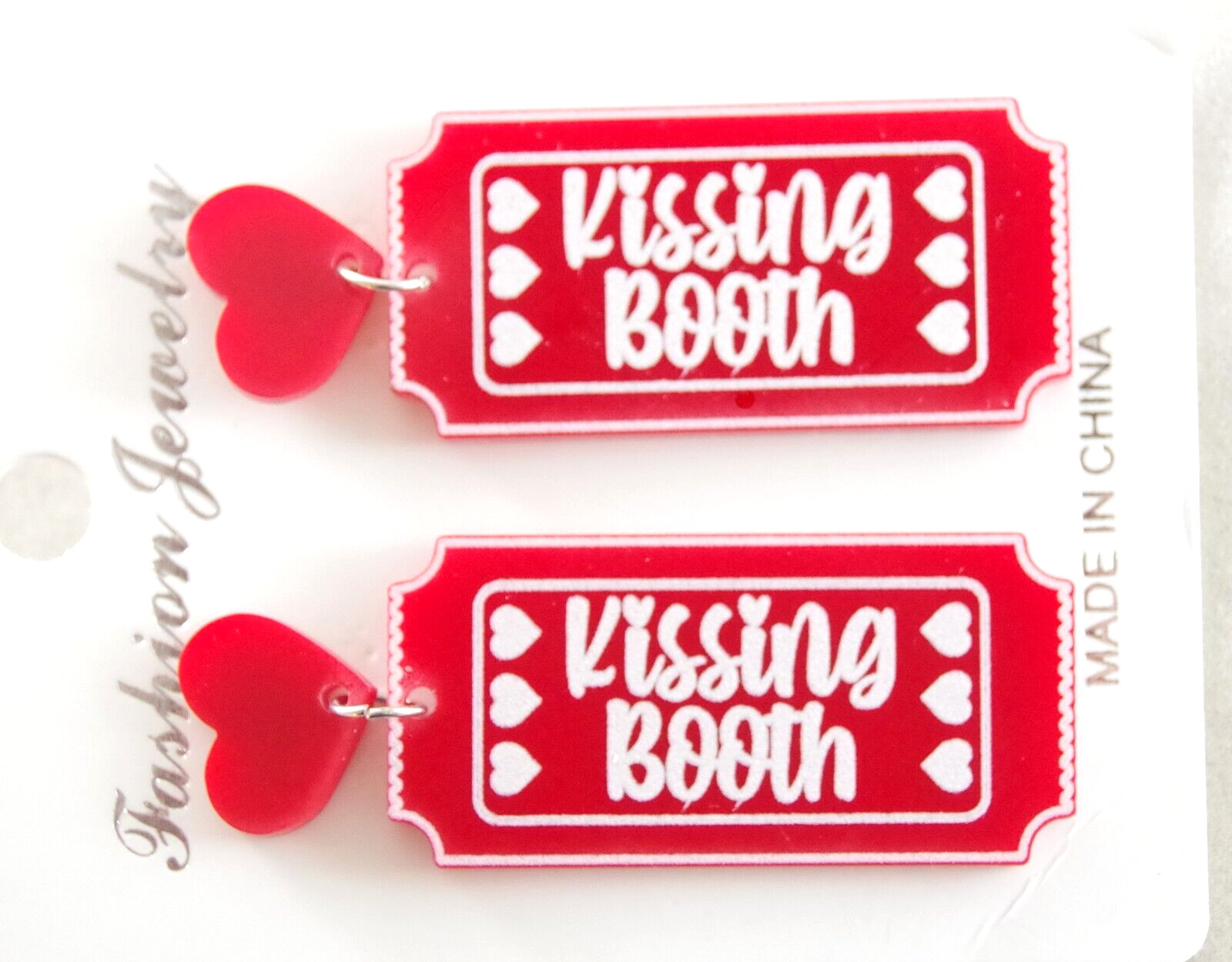 2 1/8″ NEW KISSING BOOTH TICKET VALENTINE HEART ACRYLIC DROP DANGLE EARRINGS