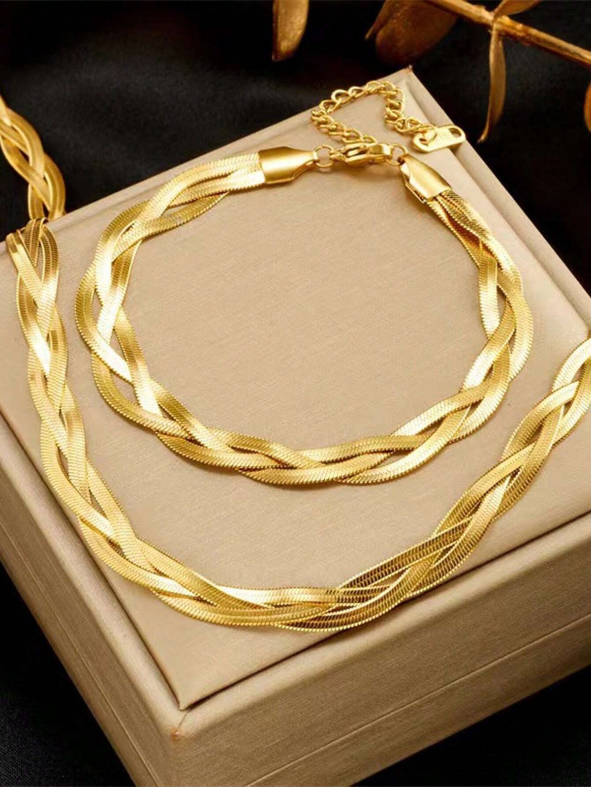 2Pcs Herringbone Braided Tri-Color Necklace Bracelet Set Stainless Steel Jewelry