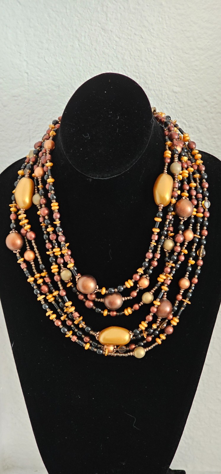 CHICOS 7 strand necklace brown gold beads 21” plus 4 1/2” chain