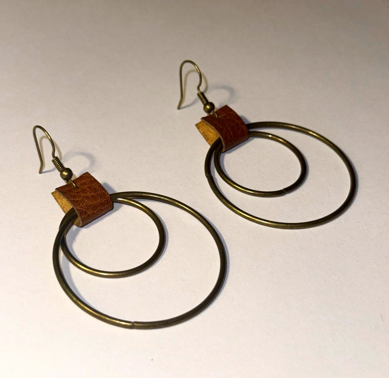 New Double Hoop Dangle Drop Earrings w/ Brown Leather Accent | Hook | Gold Tone