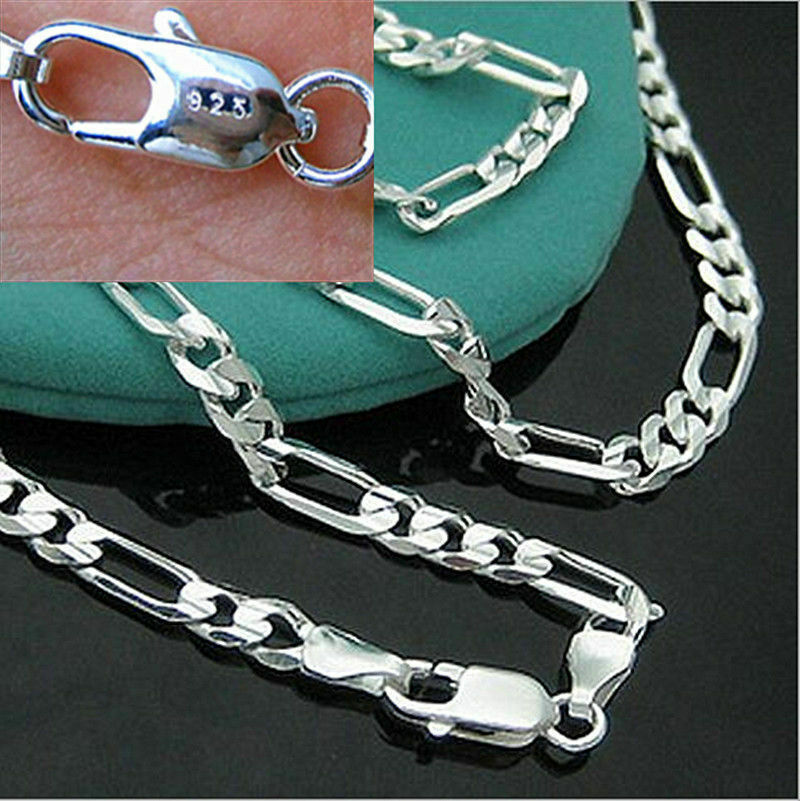 LARGE CROSS CRUCIFIX pendant plated 925 STERLING SILVER 24″ FIGARO 2MM chain men
